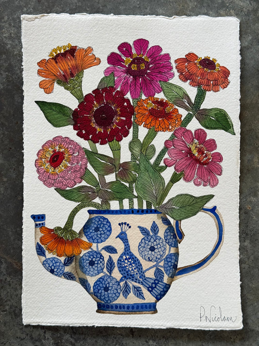 A4, Original Watercolour & Pen Zinnias