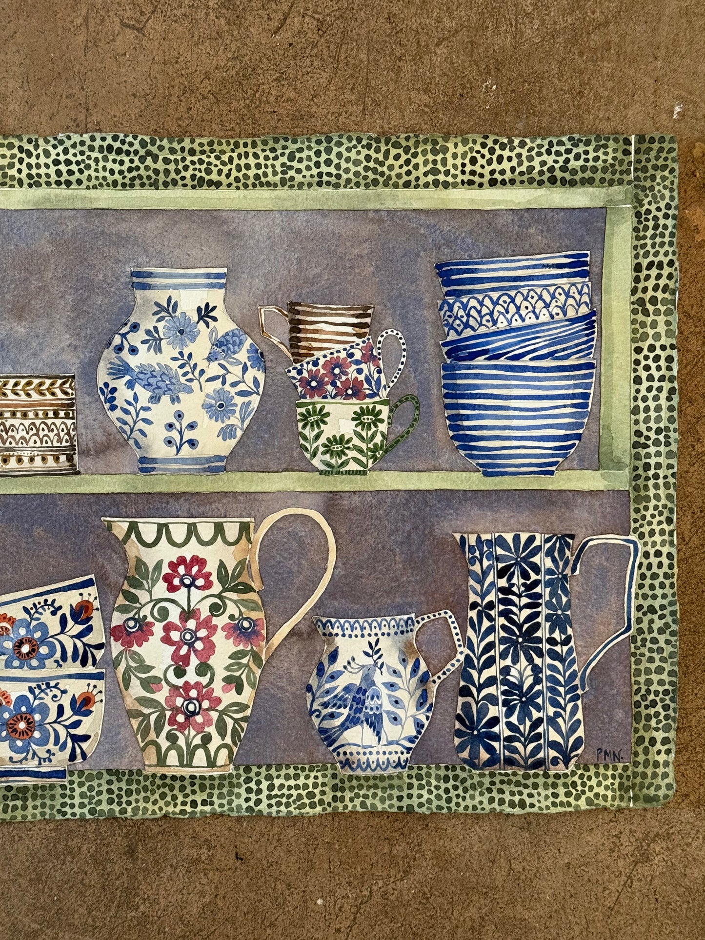 Original, Large Watercolour Stacked Teacups, Jugs & a Teapot