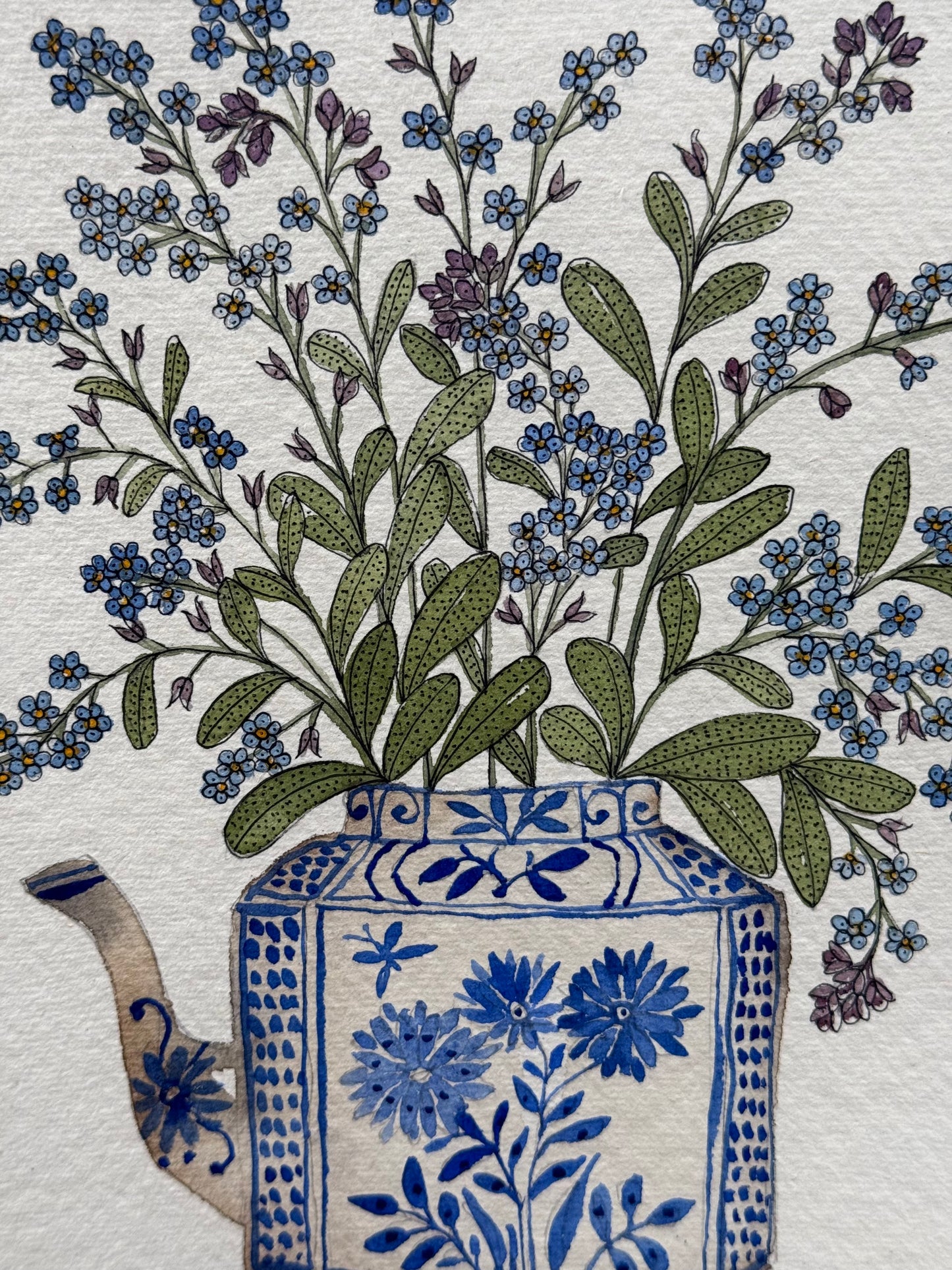 A5 Original Watercolour Forget-me-not flowers in a miniature Teapot
