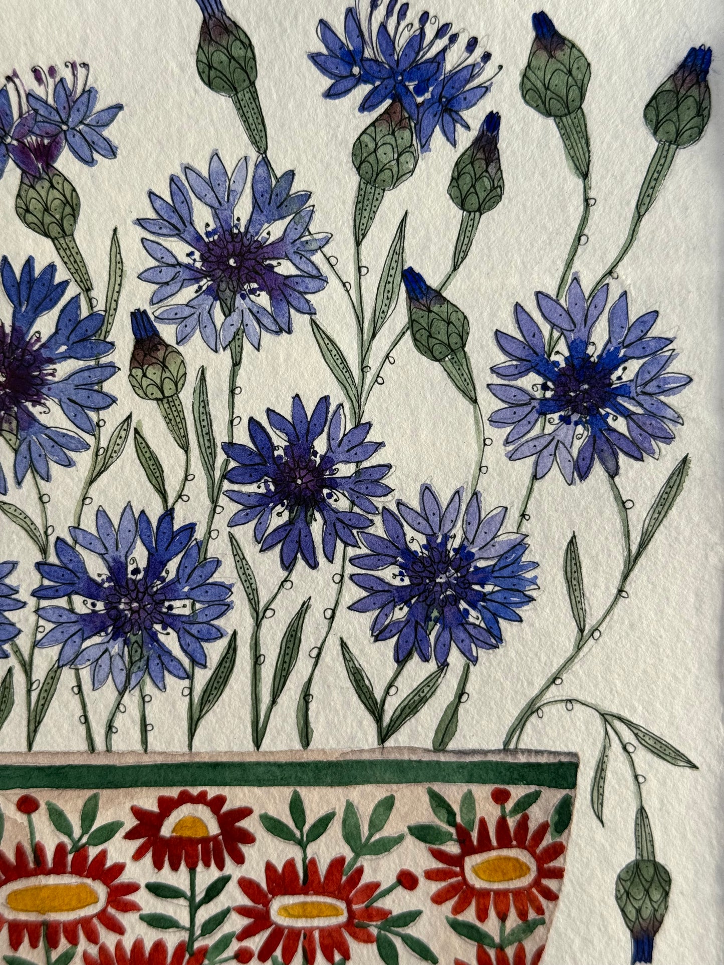 Original, A5 watercolour painting of Cornflowers in a Ceramic Vessel.