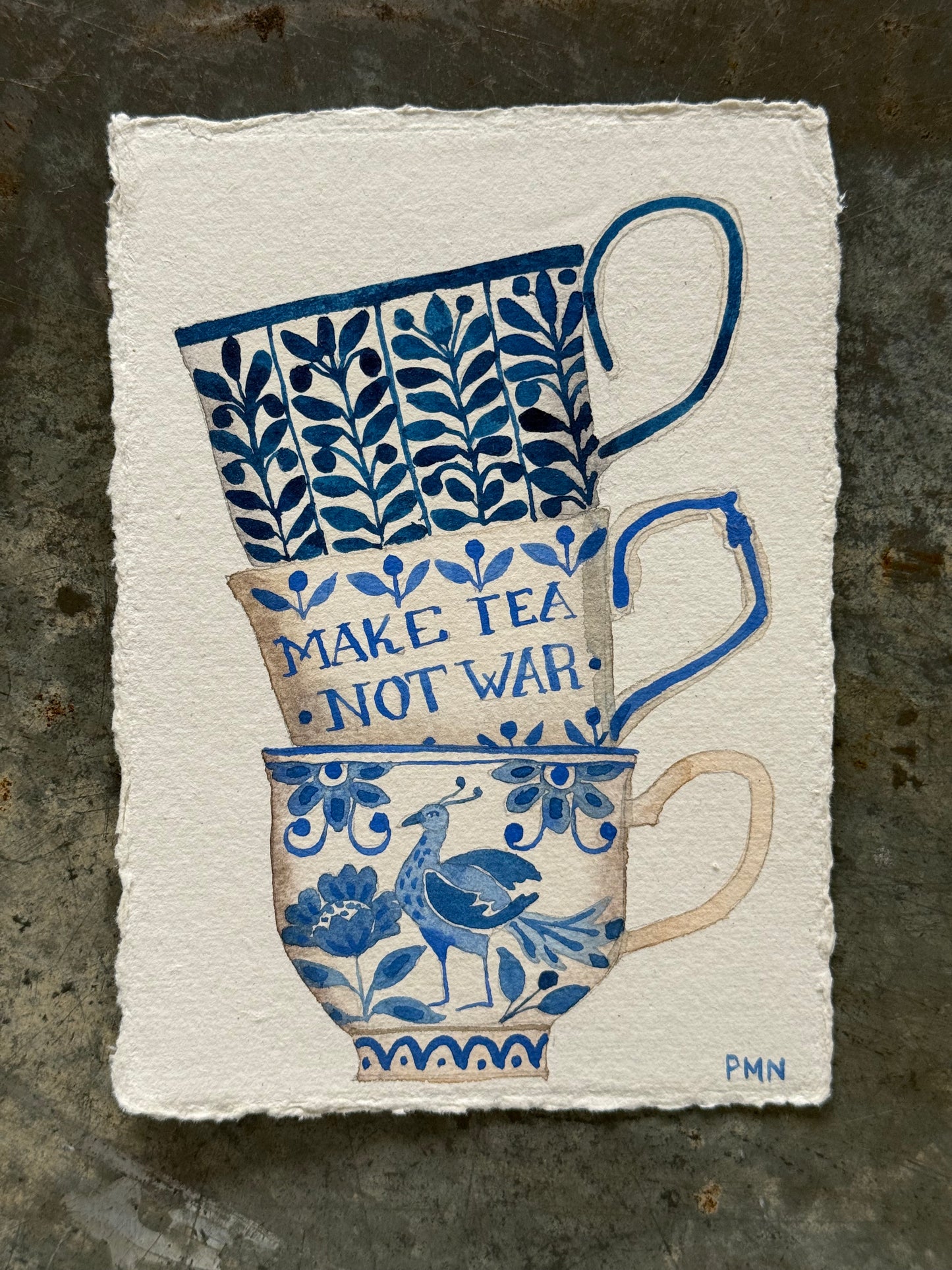 A6, Original, Watercolour Stacked Teacups (d)