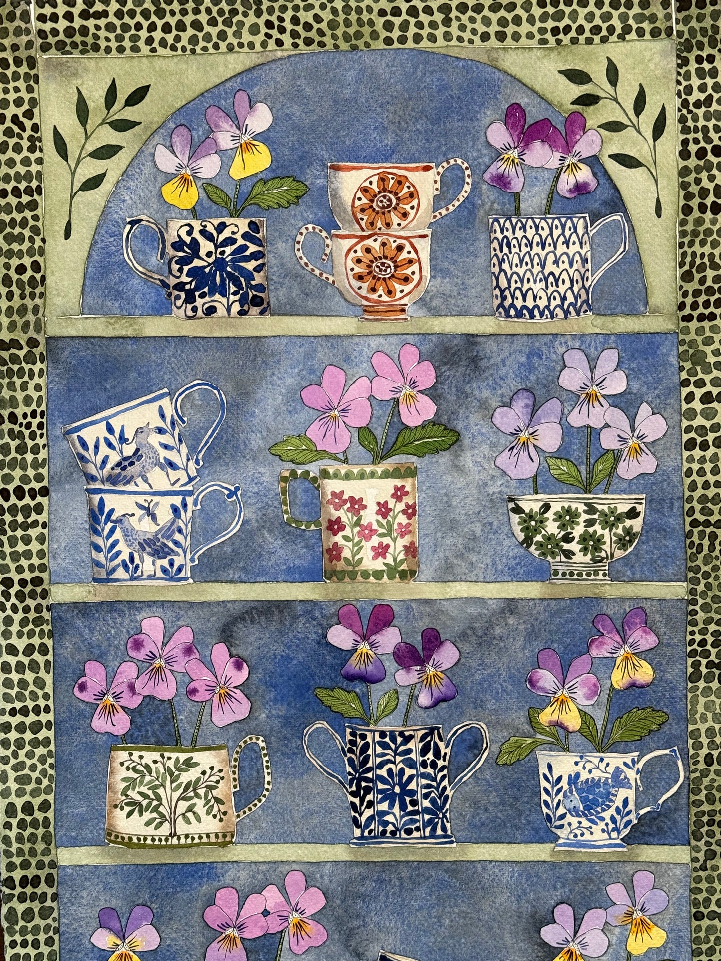 Original, Large Watercolour & ink Violas and Stacked Teacups