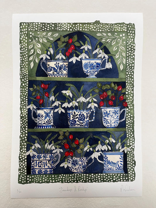A3, giclee print of watercolour and ink snowdrops & Rosehips in delftware, ceramic teacups displayed in a patterned plant Theatre.