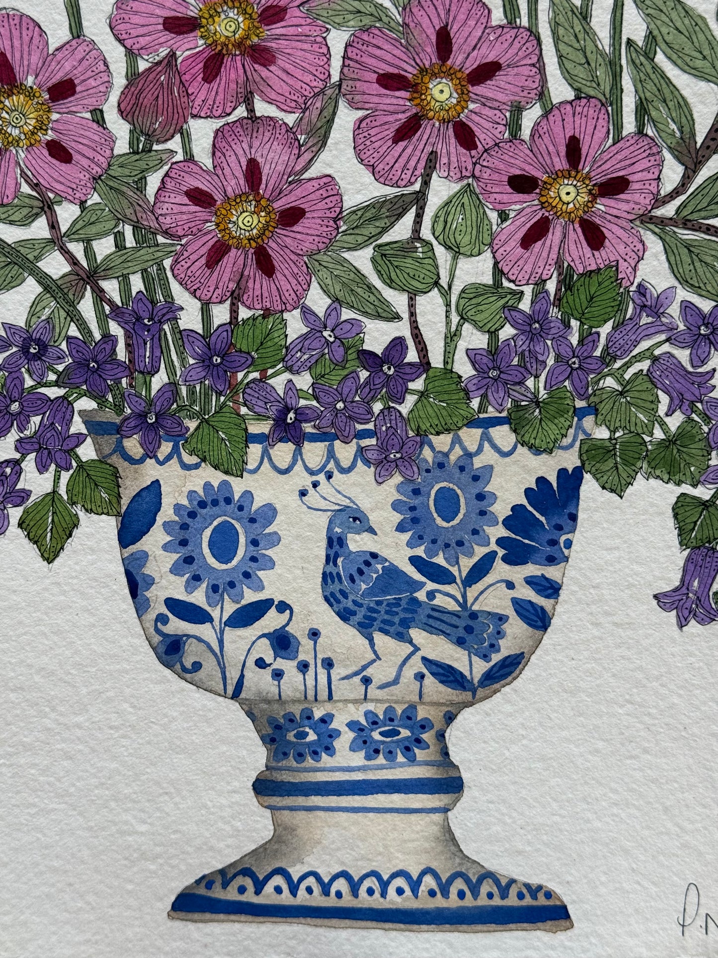 A4, Original Watercolour & Pen Cistus, Campanula & Chive Flowers