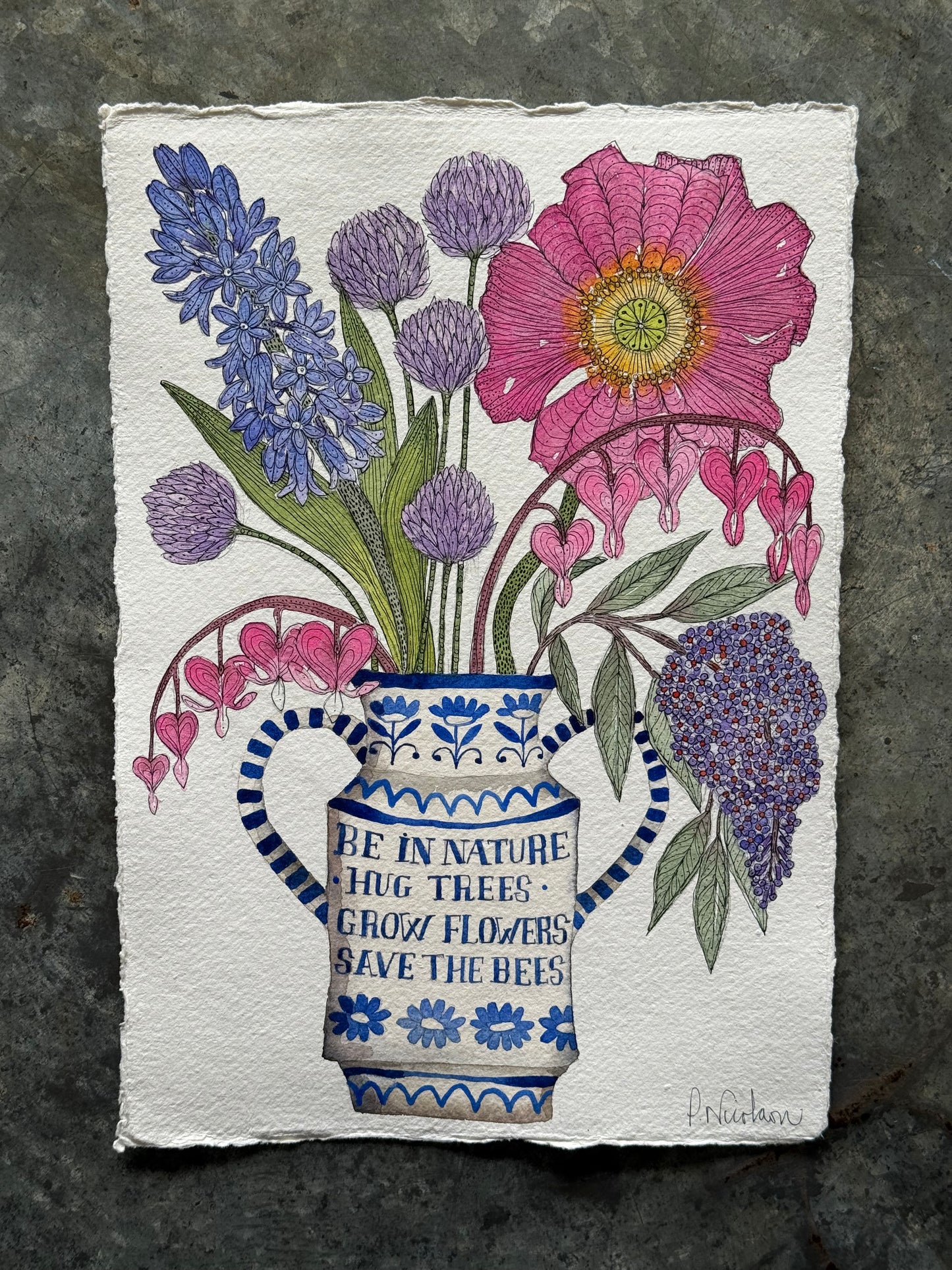 A4, Original Watercolour & Pen Summer Flowers