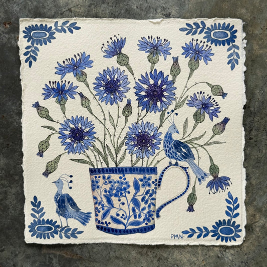 Original, Watercolour Cornflowers and Little Delft Birds.