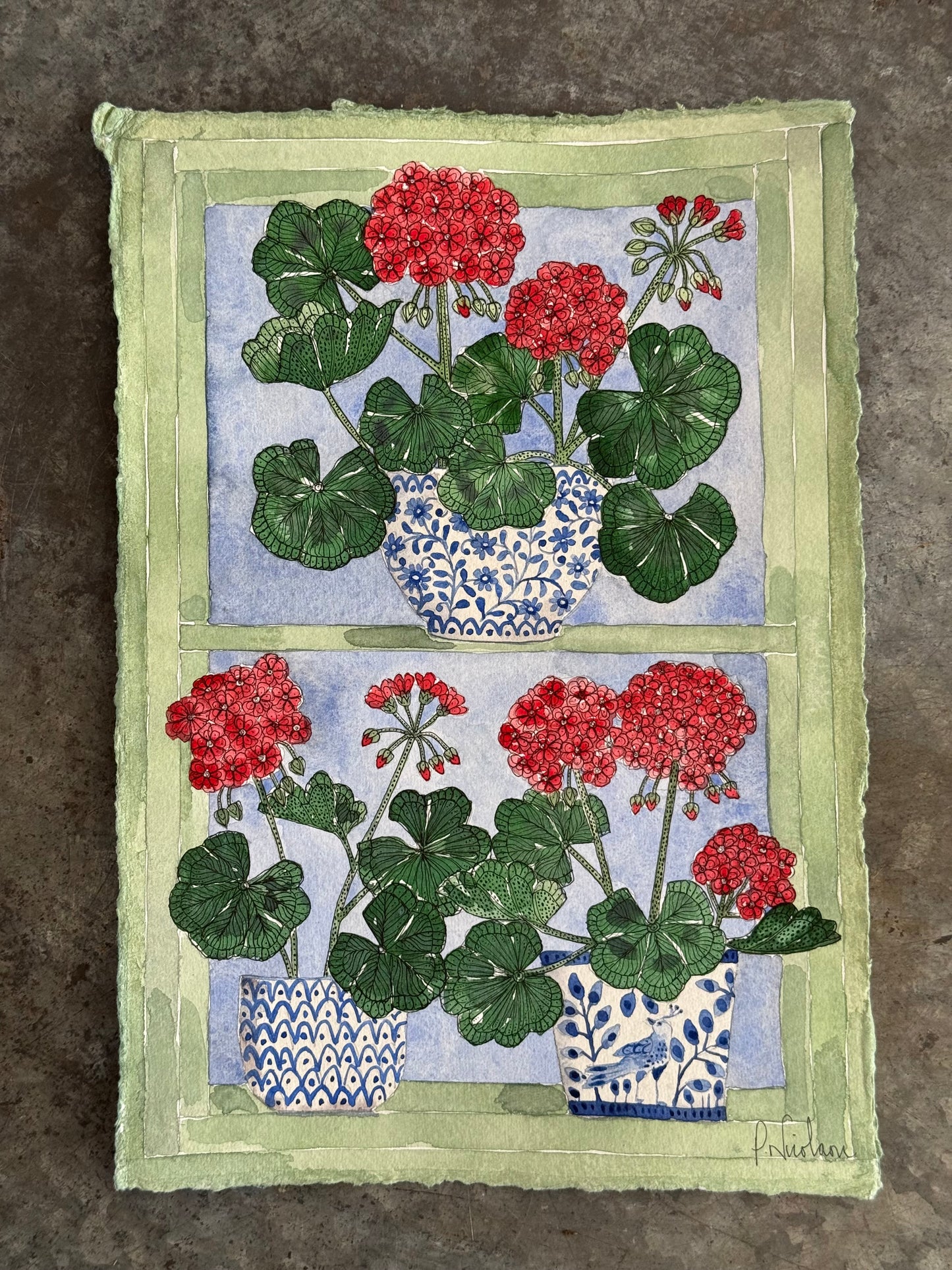 Original (A4) Geraniums on the windowsill, Watercolour Painting.