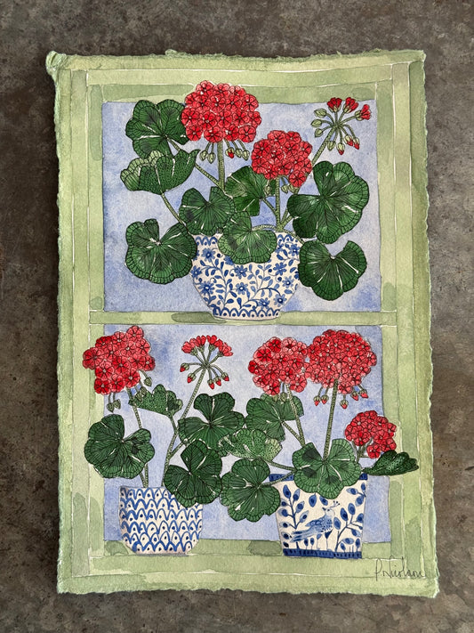 Original (A4) Geraniums on the windowsill, Watercolour Painting.