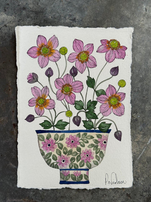 Original, A5 watercolour painting of Anemones in a floral ceramic pot.