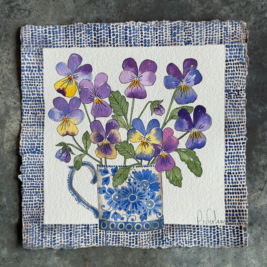 Original, Watercolour Violas in a Delft Mug.