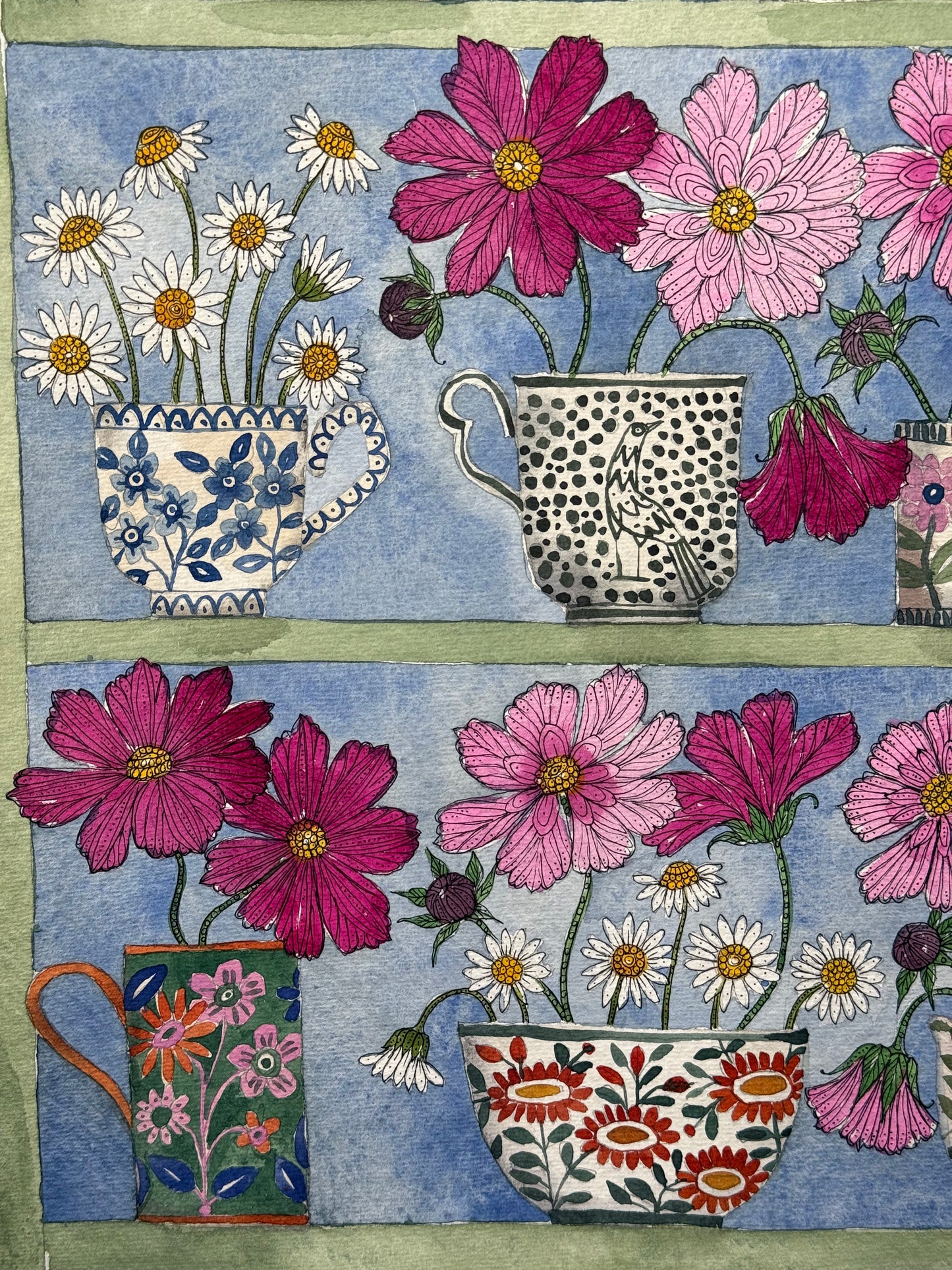 Original, A3, Watercolour painting of Cosmos & Daisy flowers in a Plant Theatre.