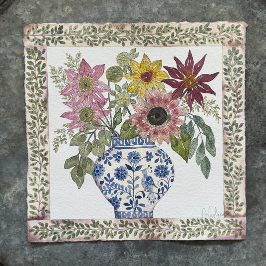 Original, Watercolour Painting of  Autumnal Flowers in a Delft Vase.