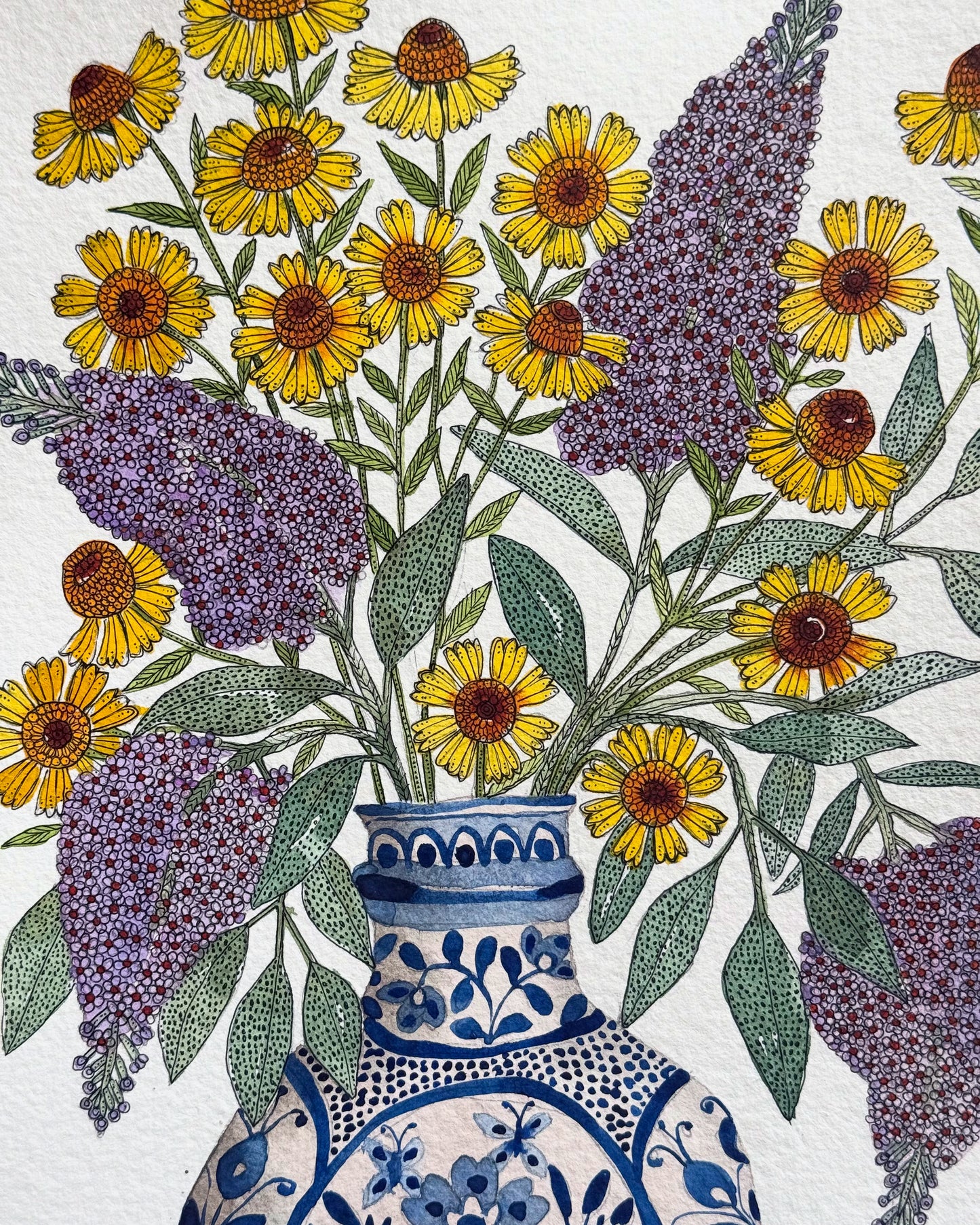 Original, A4 watercolour painting of Helenium & Buddleja flowers in a blue & white Ceramic Vase.