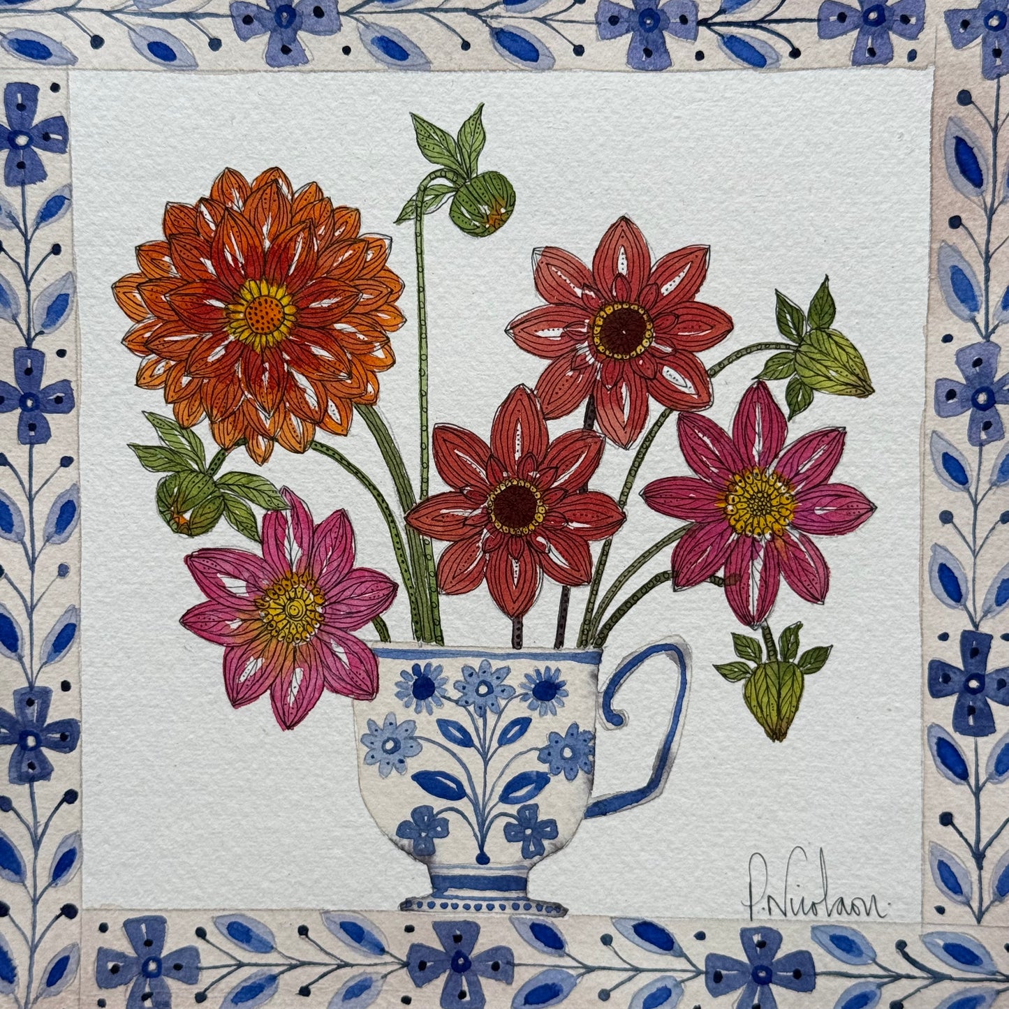 Original, watercolour painting of Dahlias in a little delft teacup.