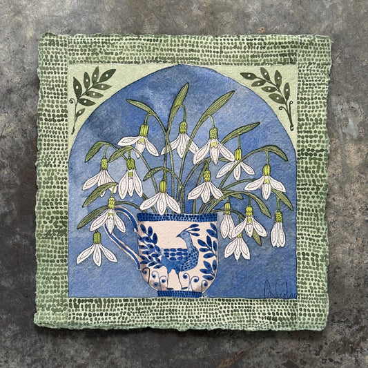 Original, Watercolour Snowdrops in a delft inspired Mug.