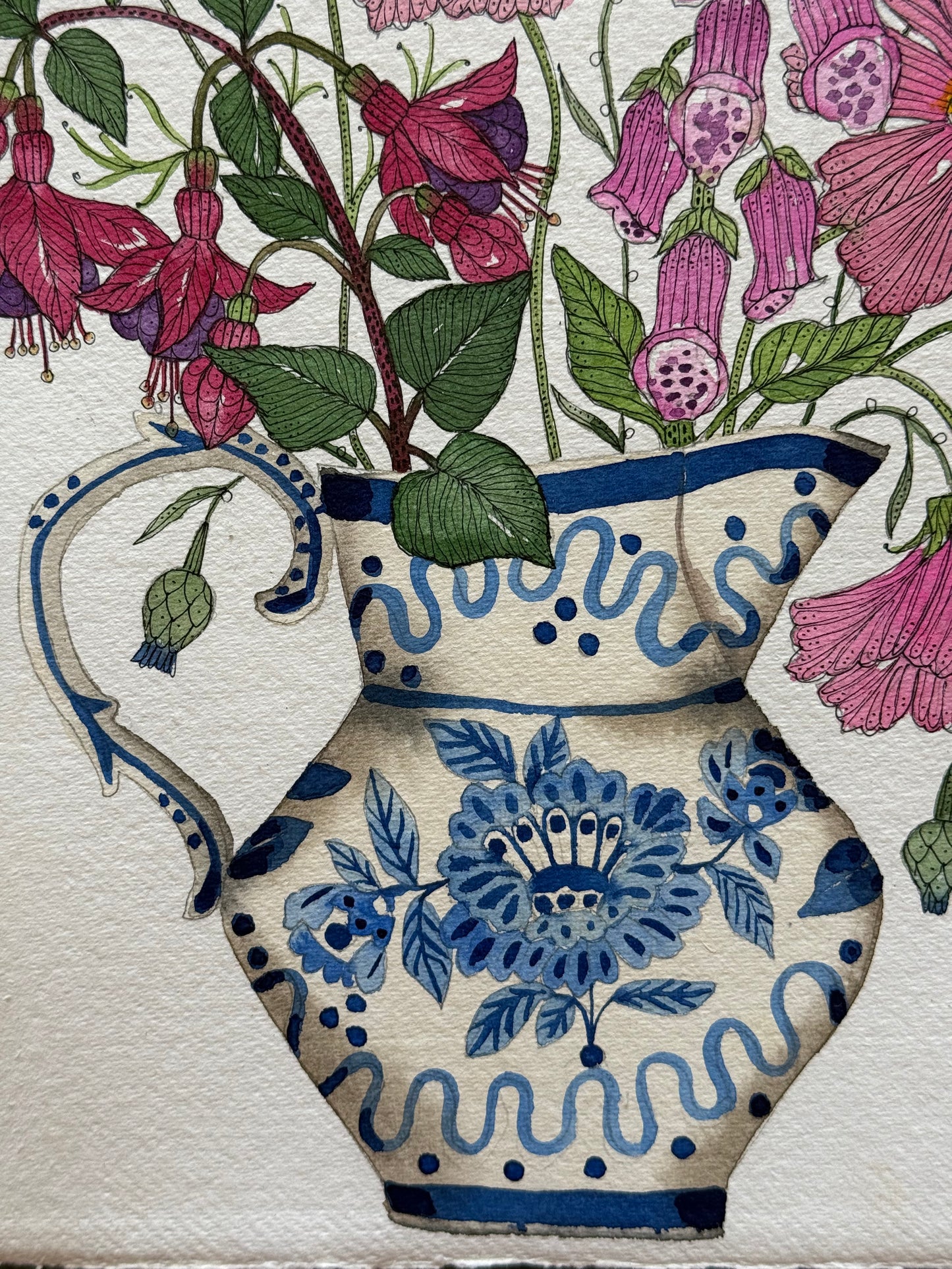 A4, Original Watercolour & Pen Pink Flowers in a blue & white Jug
