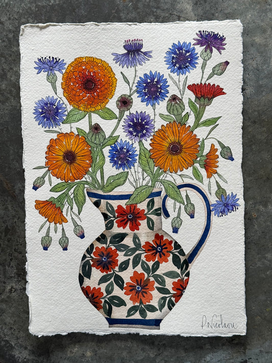 A4, Original Watercolour Calendulas & Cornflowers.