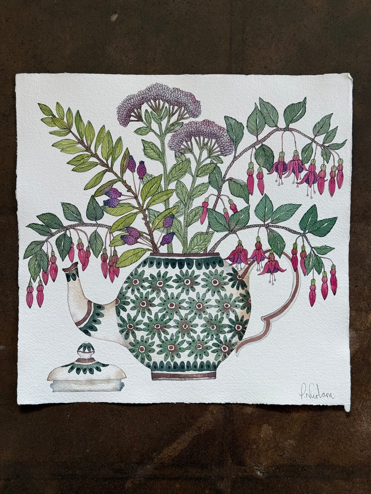 Large, Original Watercolour Autumnal Arrangement in a Teapot