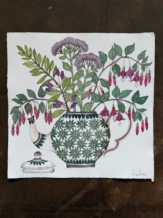 Large, Original Watercolour Autumnal Arrangement in a Teapot
