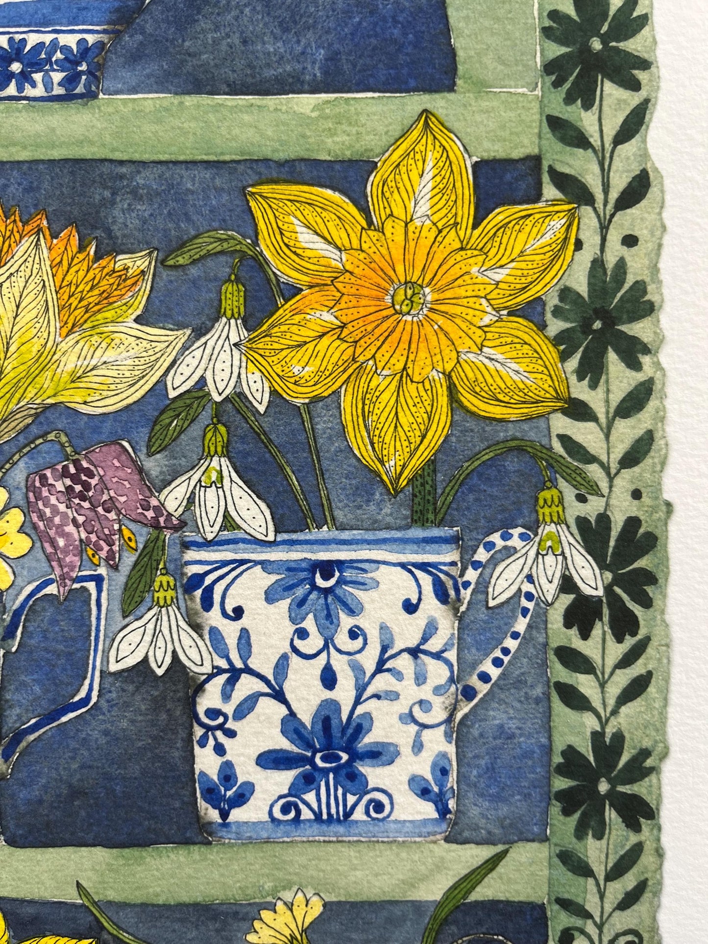 A3, giclee print of watercolour and ink daffodils and spring flowers in delft teacups and mugs displayed in a patterned plant Theatre.