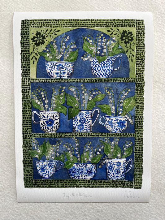 A3, giclee print of watercolour and ink Lily of the Valley flowers in delft teacups and mugs displayed in a patterned plant Theatre.