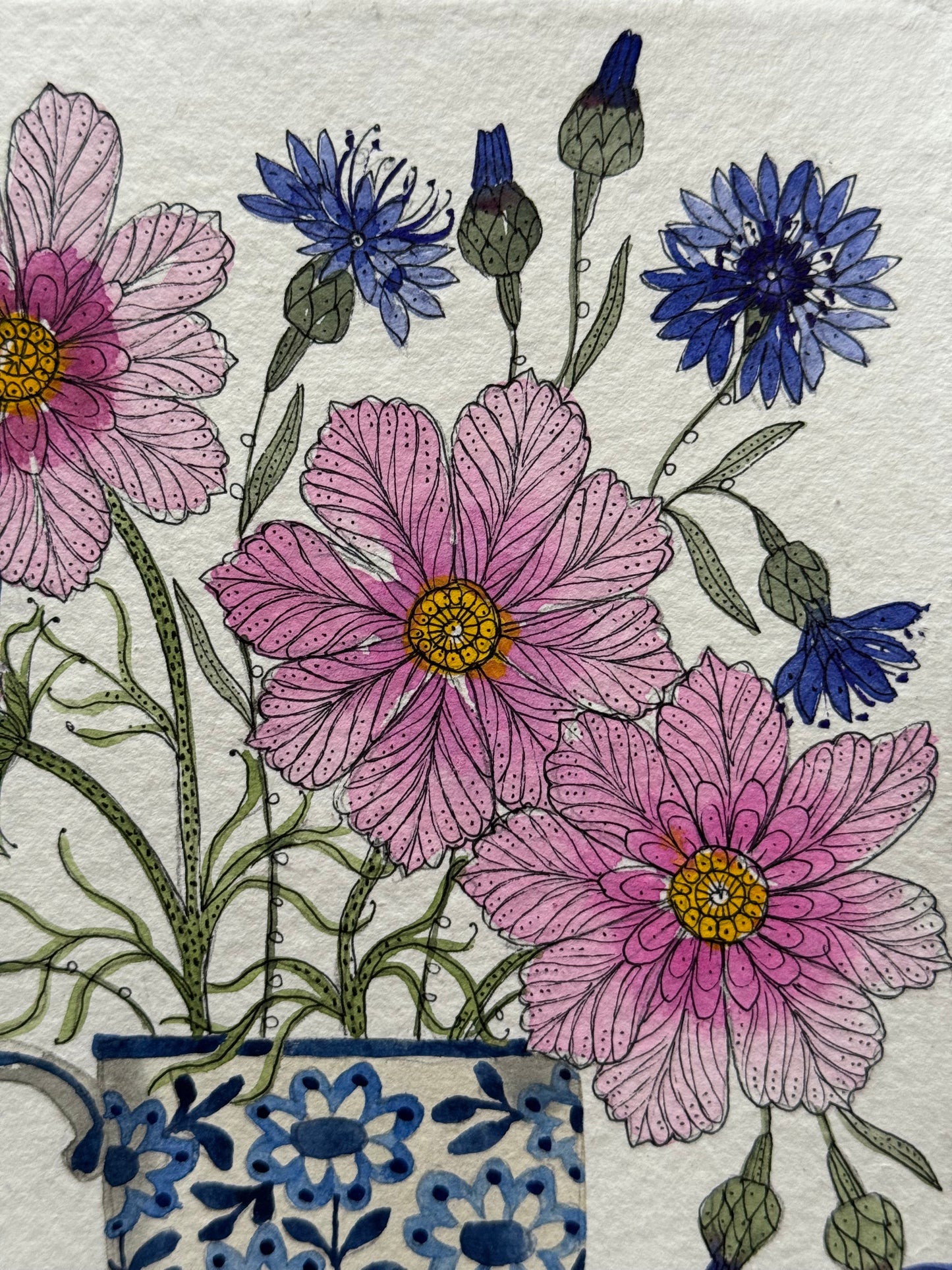 Original A5 Watercolour Painting, Cosmos & Cornflowers