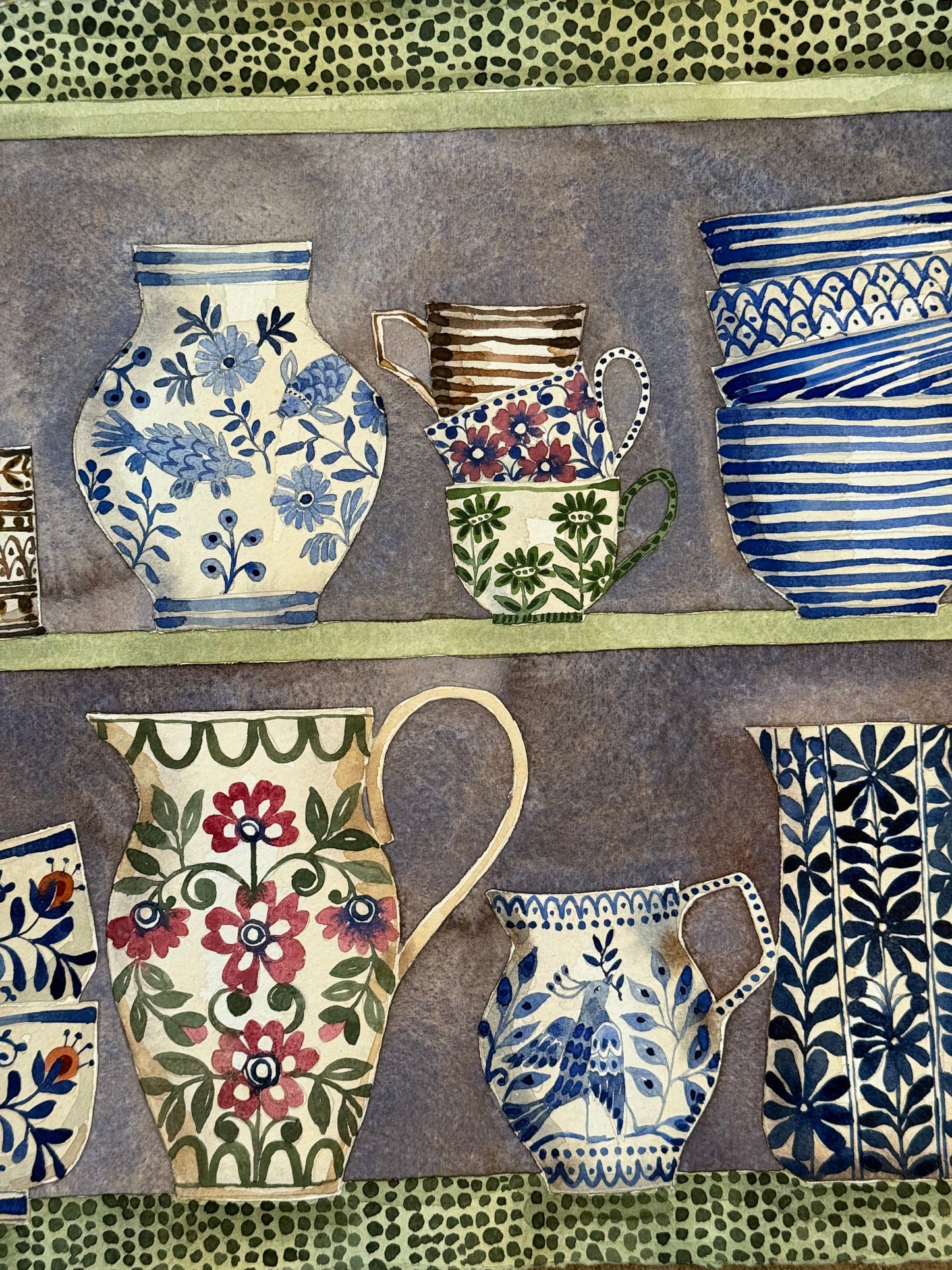 Original, Large Watercolour Stacked Teacups, Jugs & a Teapot