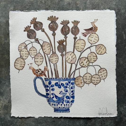 Original, Watercolour & Ink dried Seed Heads in a Delft Mug.