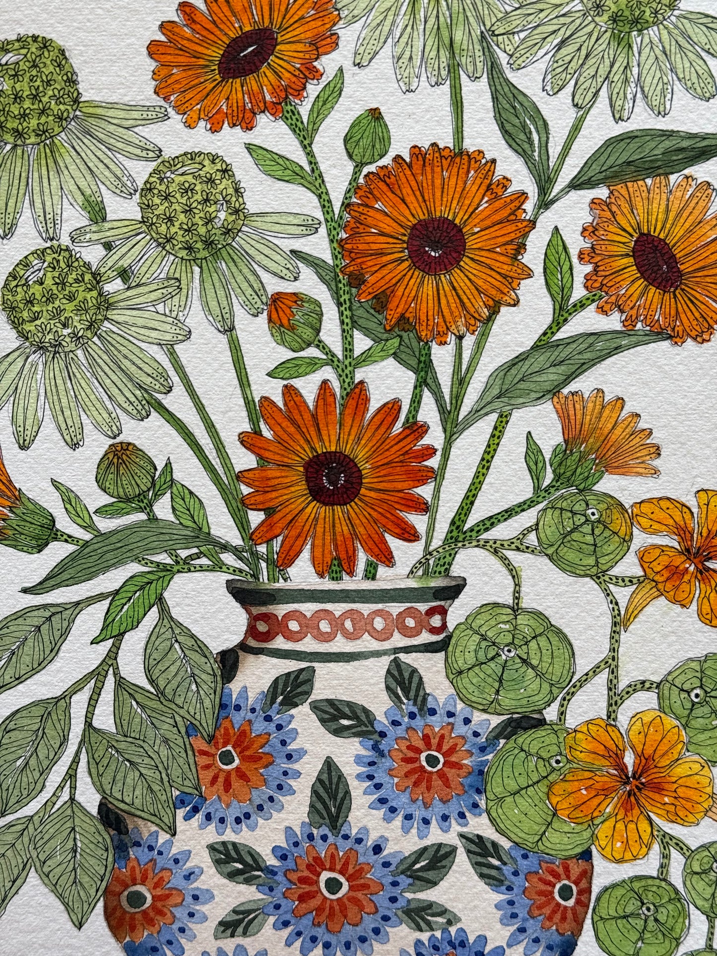 A4, Original Watercolour & Pen Calendula, Echinacea & Nasturtiums in a Vase