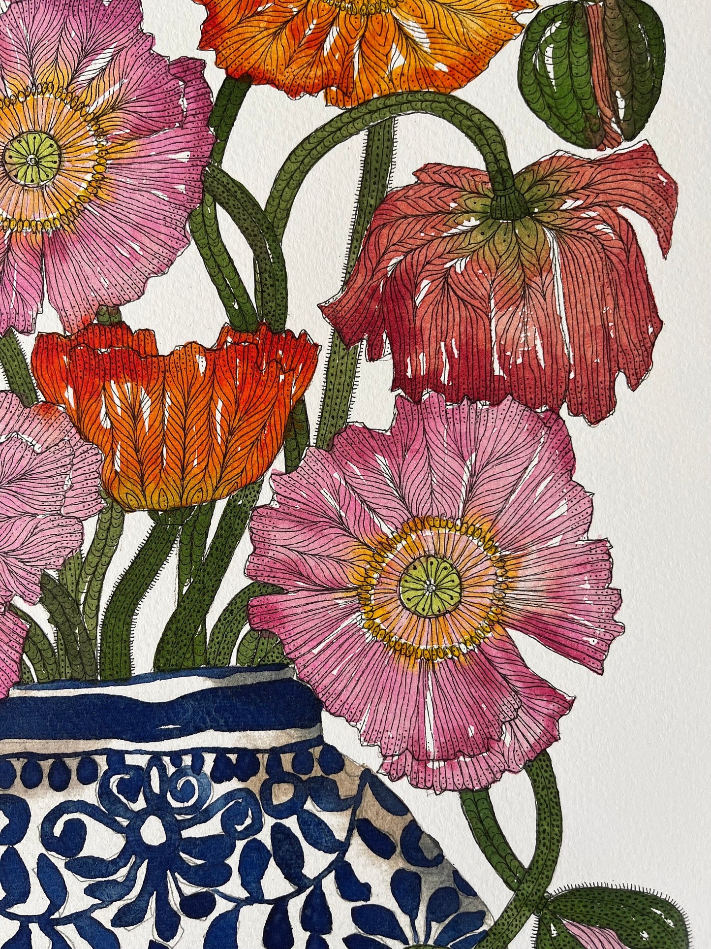 A3 limited edition, giclee print of curious and vibrant poppies in a blue and white patterned, ceramic pot.