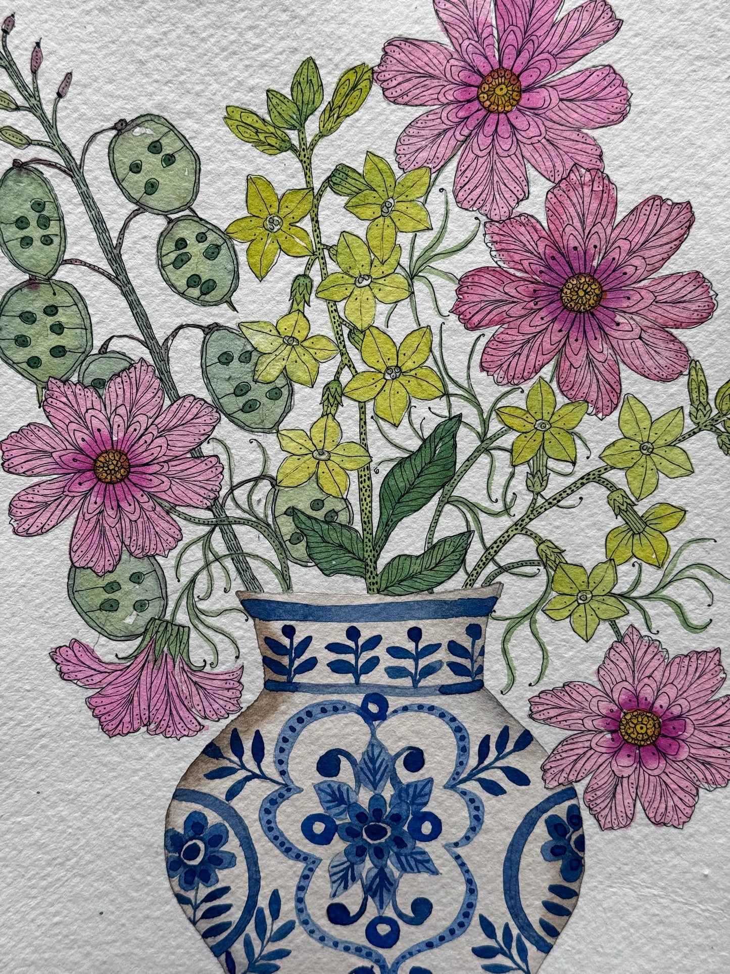 A4, Original Watercolour Cosmos, Nicotiana and Honesty Seed Pods