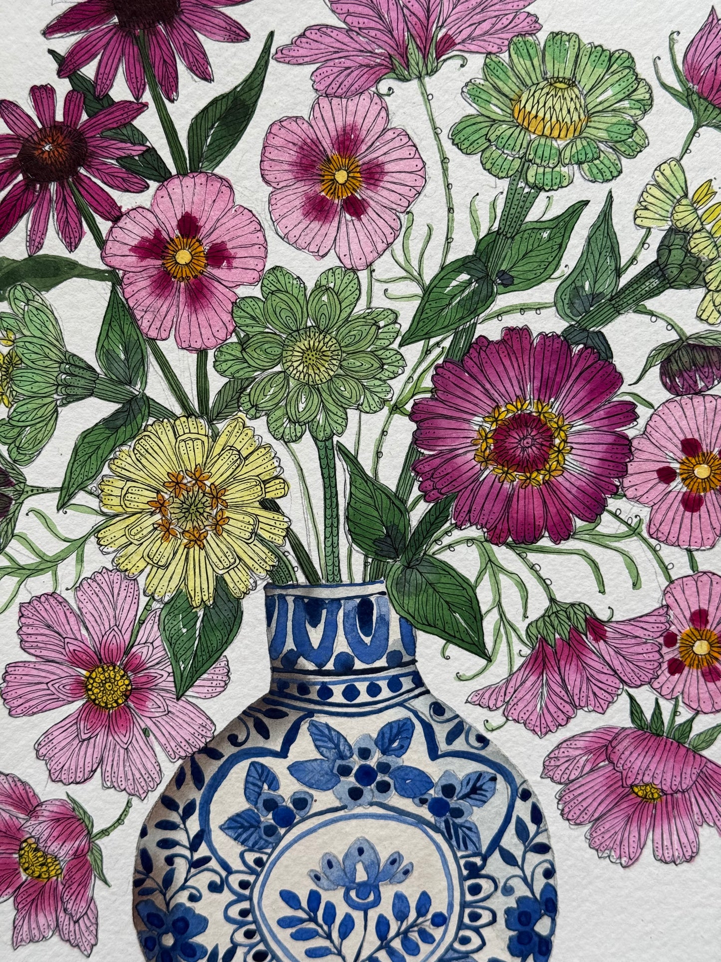 Original, A4 Watercolour painting of Cut garden Flowers in a delft Vase.