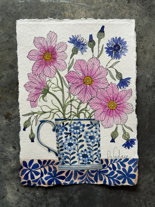 Original A5 Watercolour Painting, Cosmos & Cornflowers