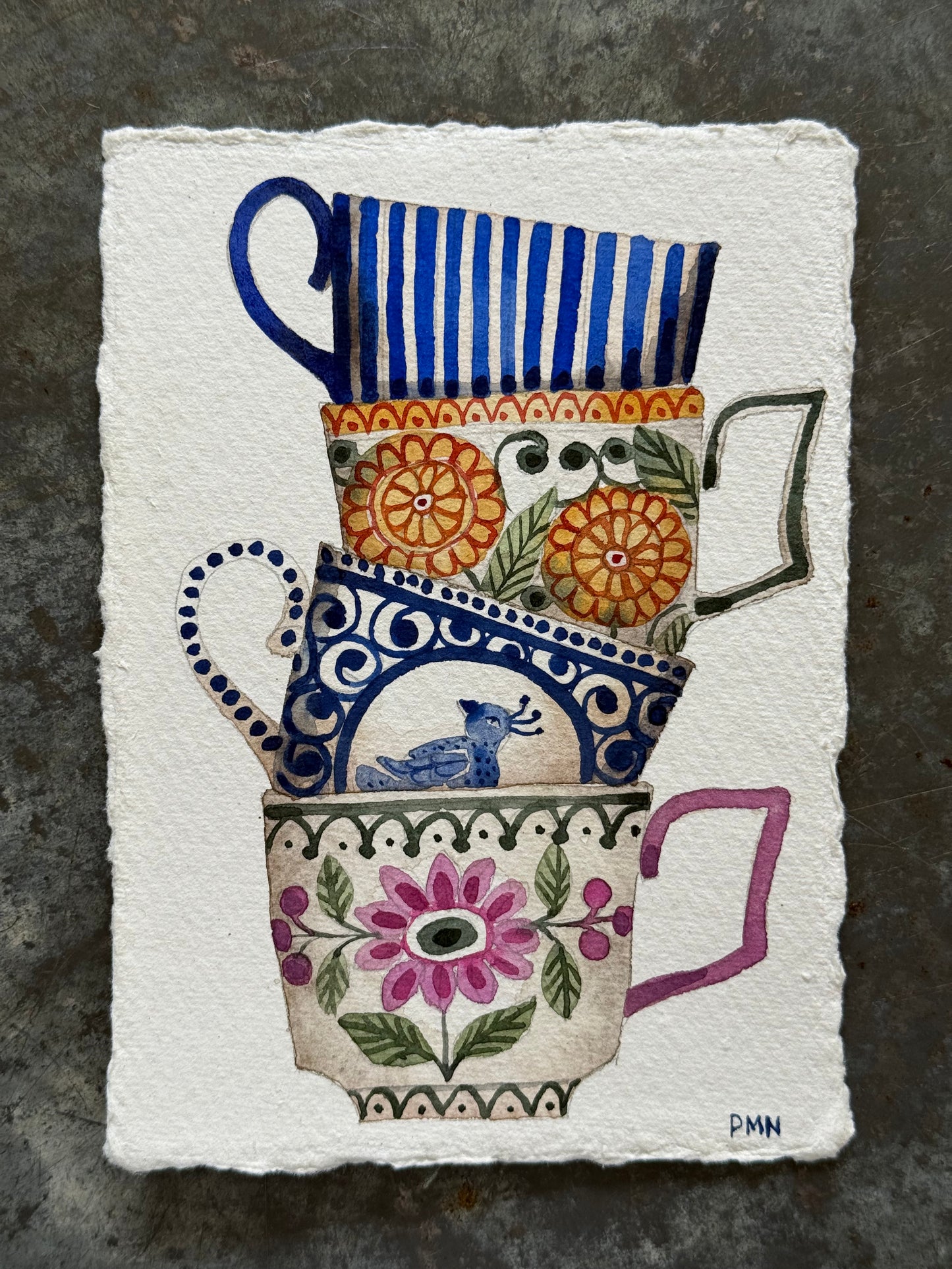 A6, Original Watercolour Stacked Teacups (H)