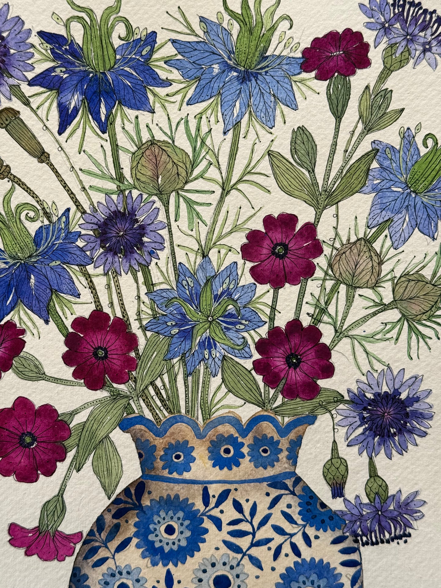 Original Watercolour Cornflowers, Lychnis and Love in a Mist.
