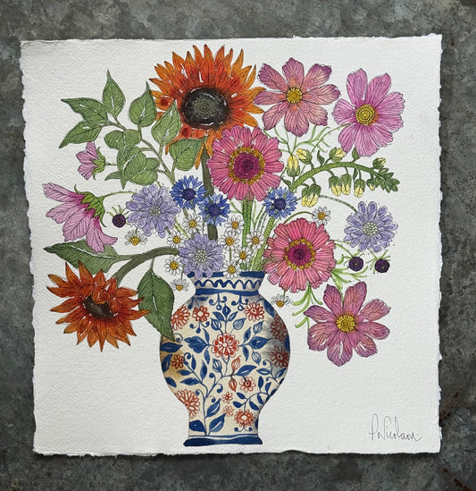 Original, watercolour painting of garden flowers in a blue & orange Ceramic Vase