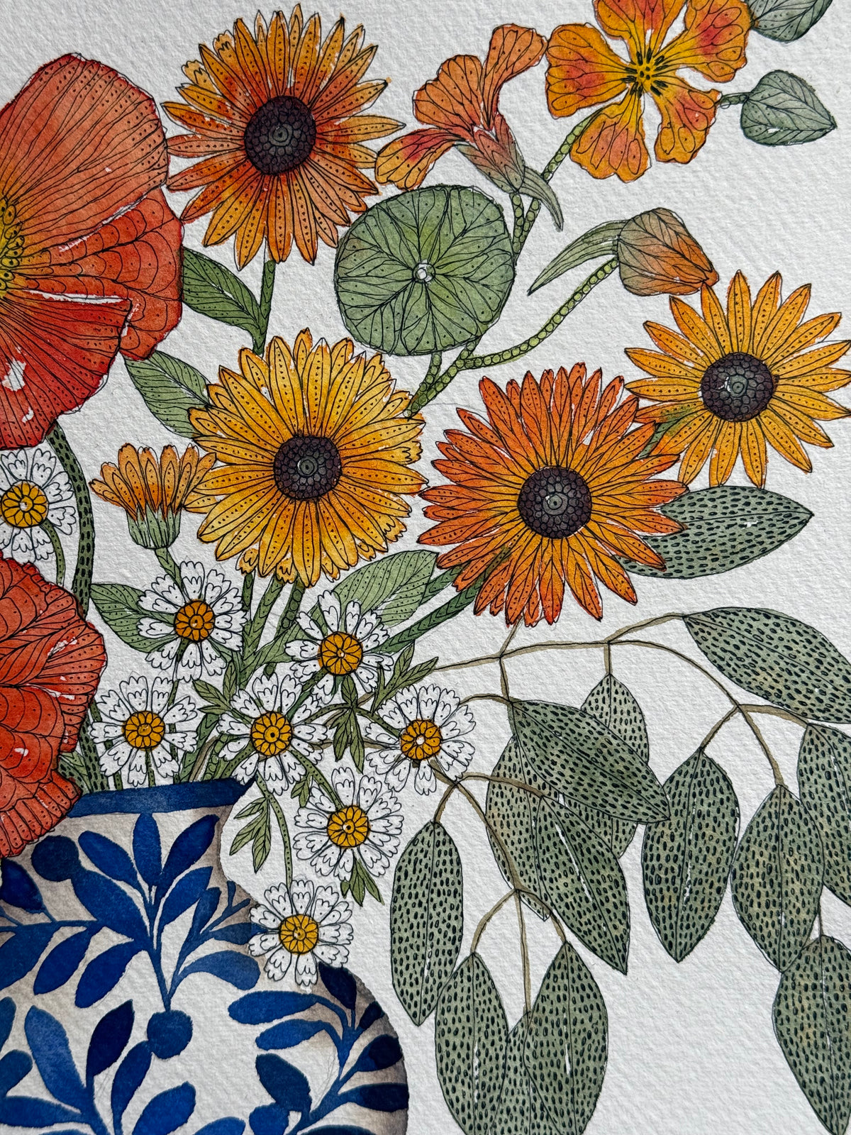Original, Watercolour & Pen Orange Flowers