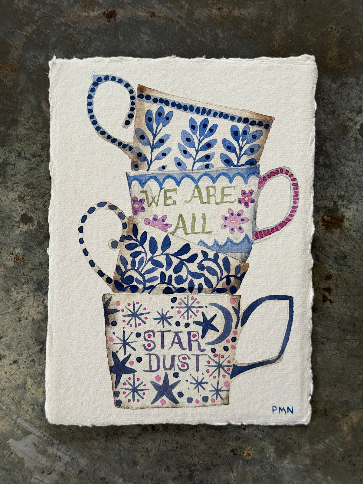 A6, Original Watercolour Stacked Teacups & Star Dust