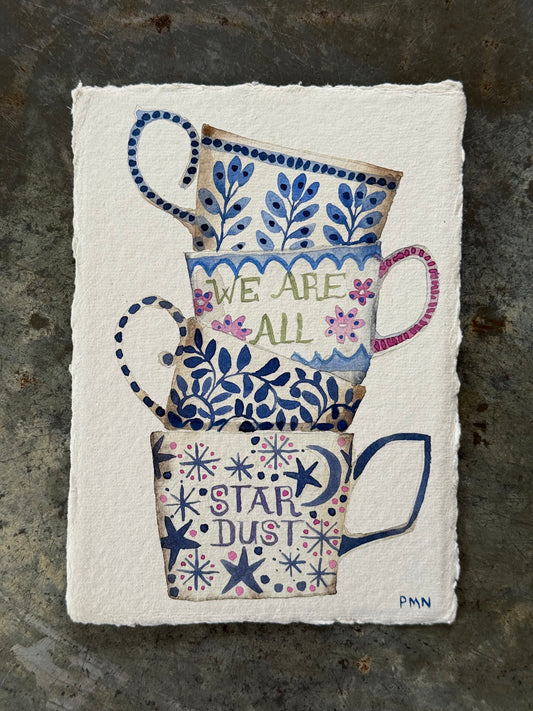 A6, Original Watercolour Stacked Teacups & Star Dust
