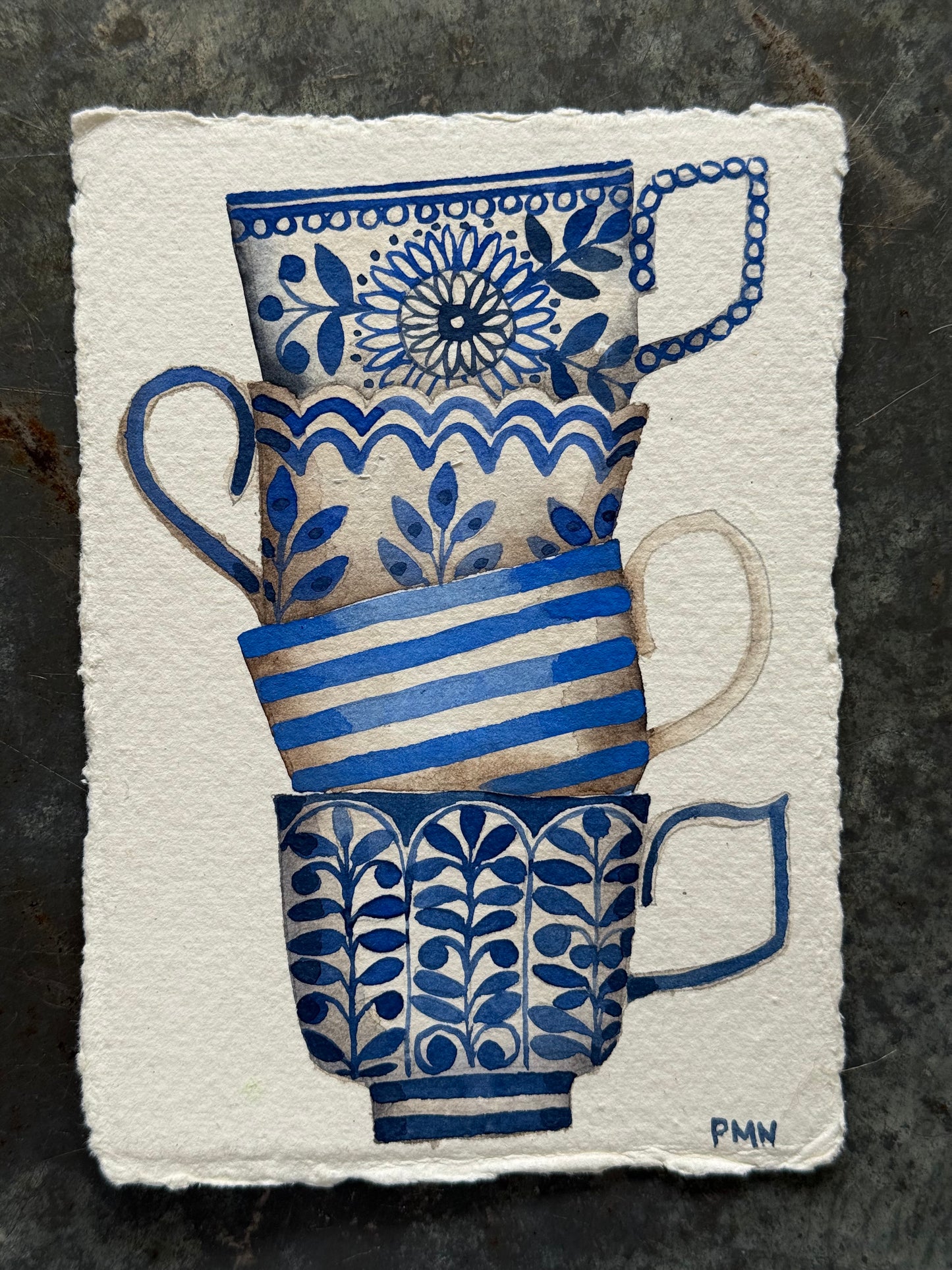 A6, Original Watercolour Stacked Teacups (D)