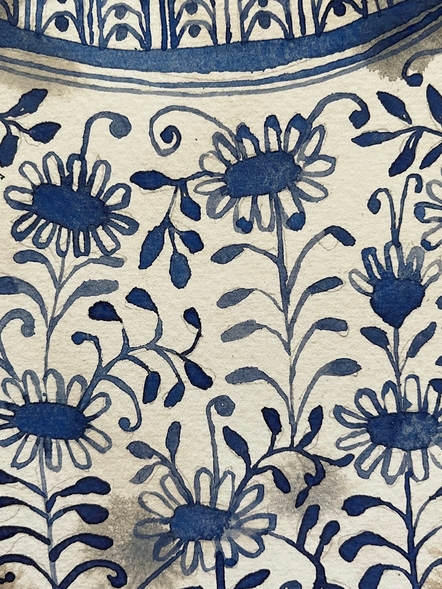 A3, limited edition giclee print of white anemones and rose hips in a blue and white patterned ceramic, vessel.