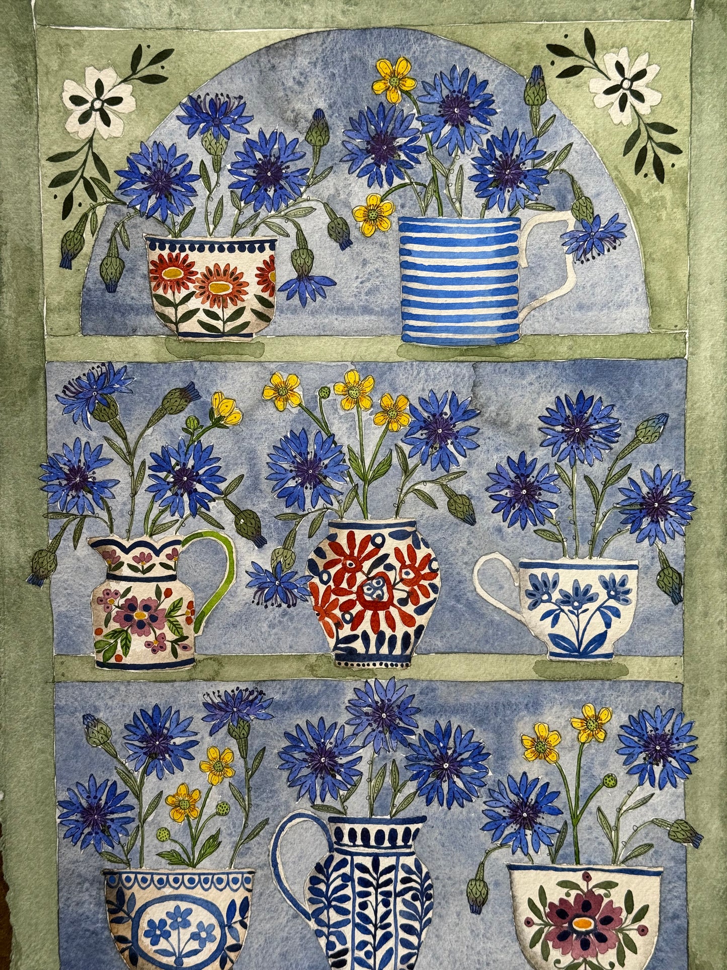 A3, Original Watercolour & Pen Cornflowers & Butterercups