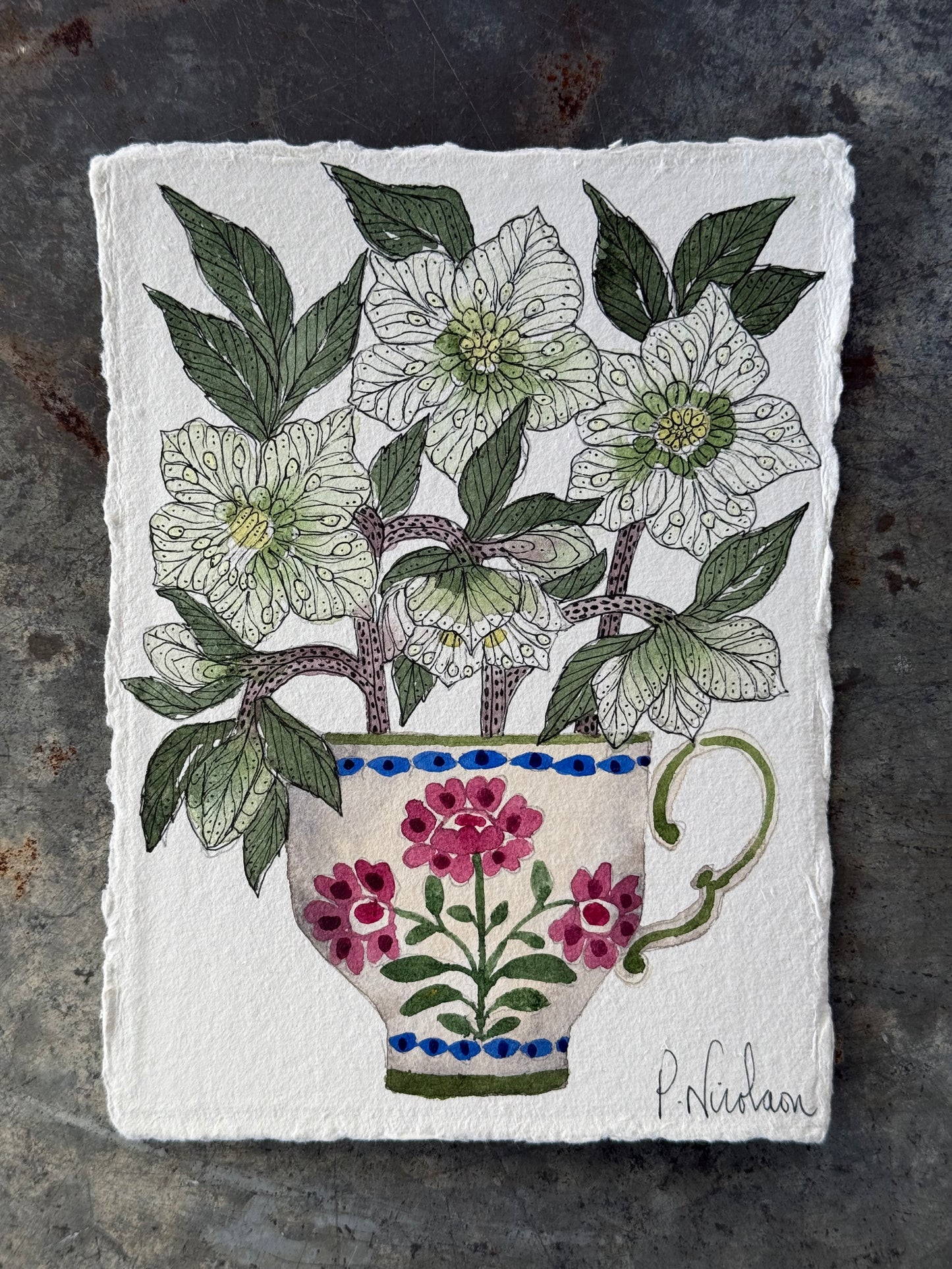 A6, Original Watercolour Hellebores in a little Teacup