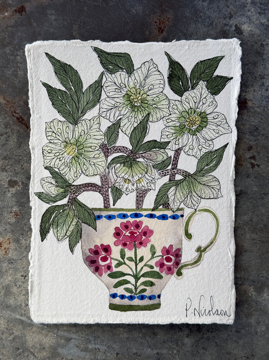 A6, Original Watercolour Hellebores in a little Teacup