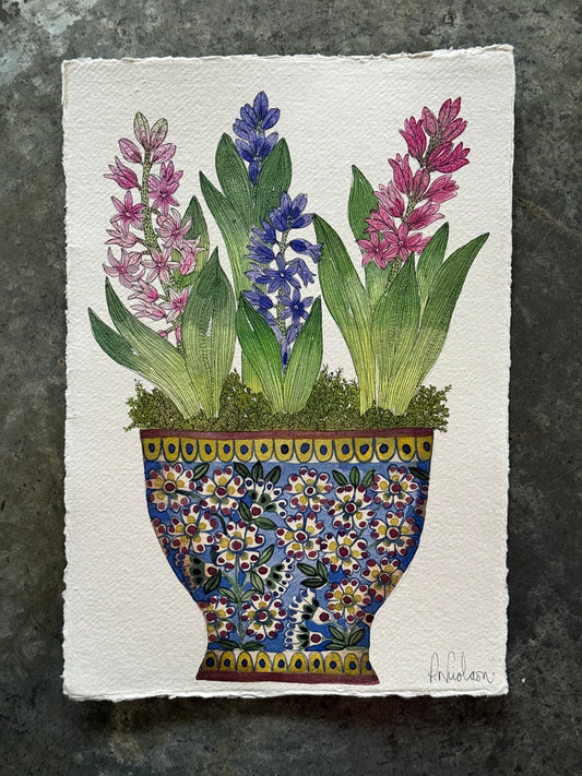 A4 Original Watercolour Hyacinths in a ceramic Vessel