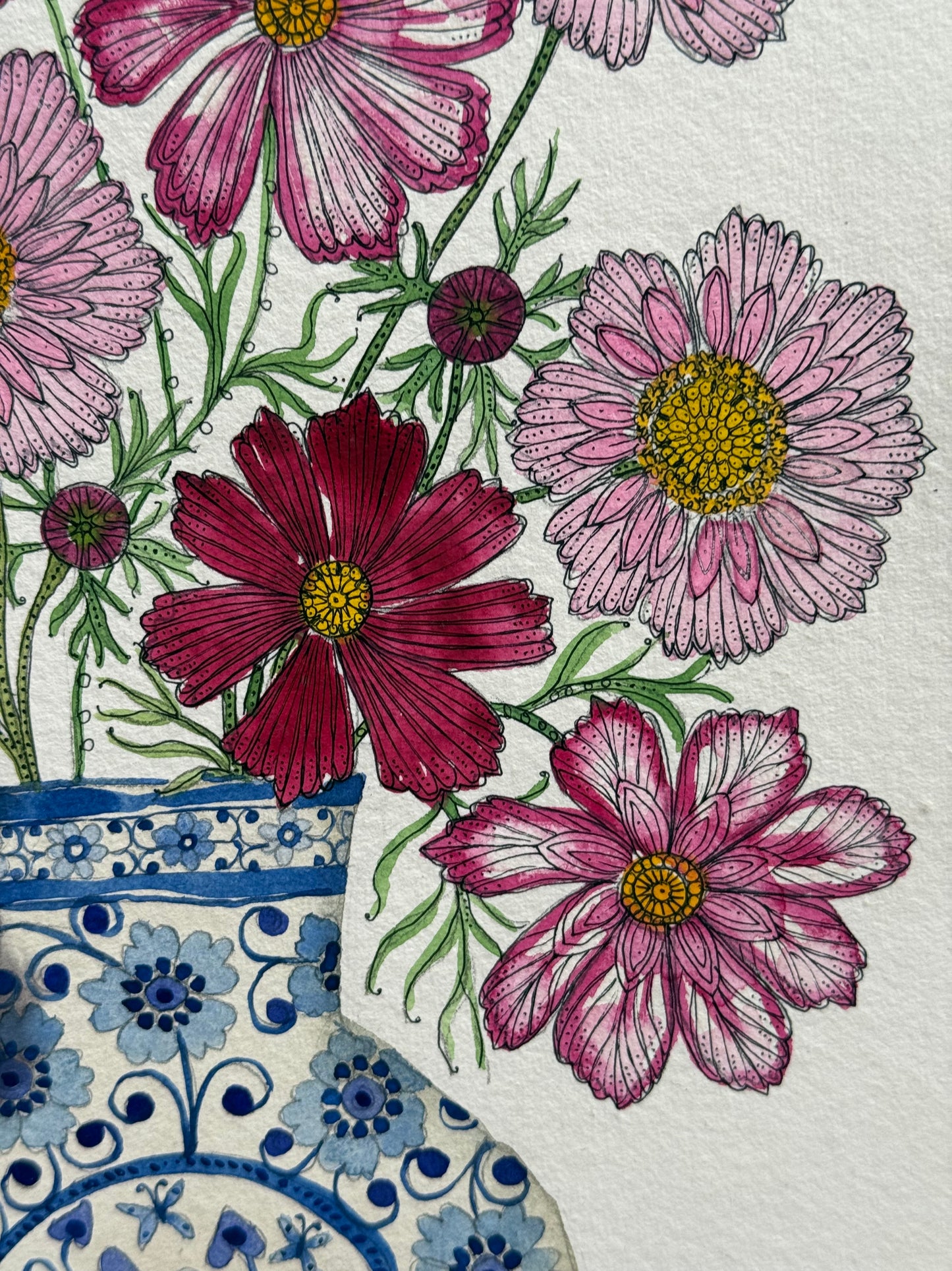 Original, A4 watercolour painting of Cosmos in a delft vase