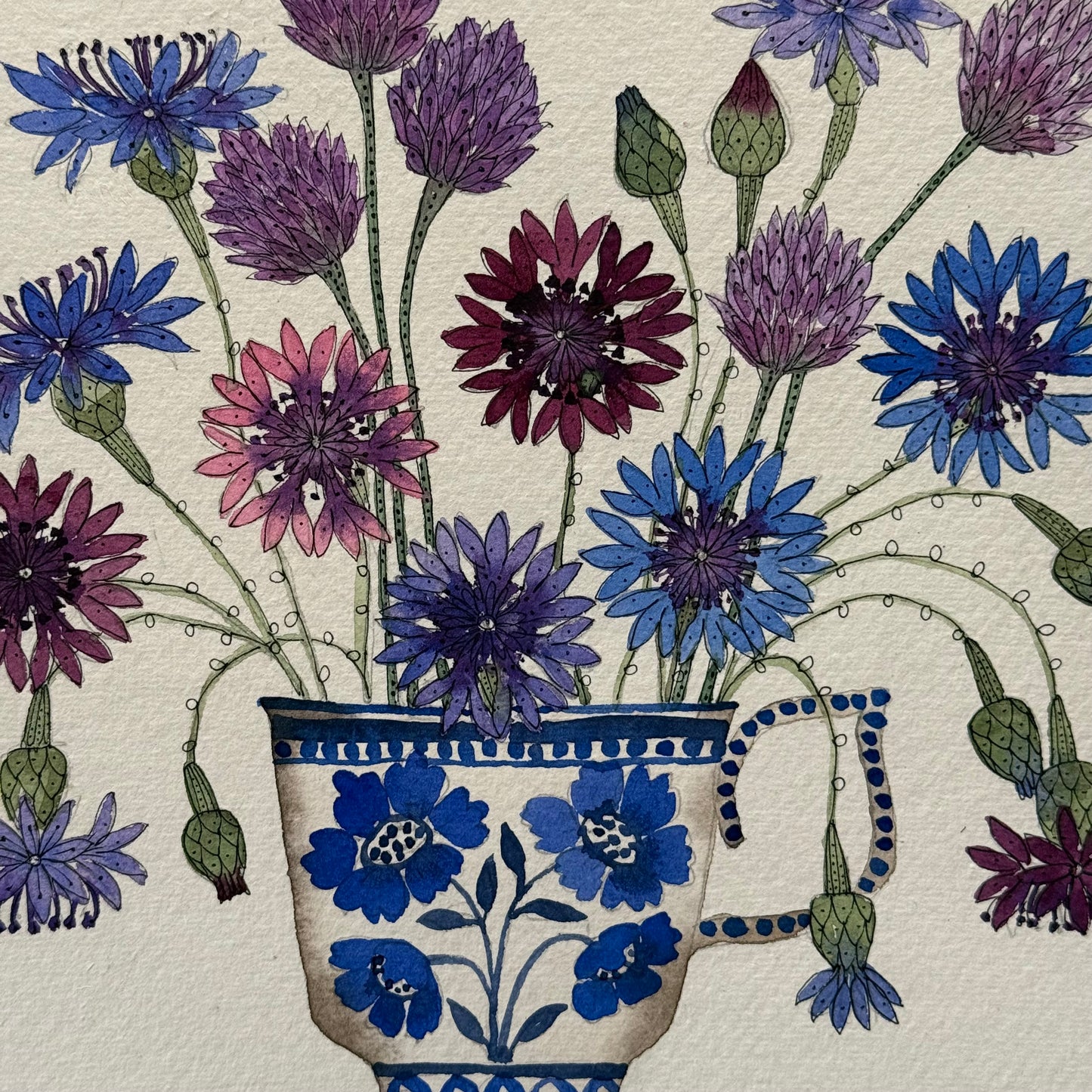 Original, Watercolour Cornflowers & Chive Flowers in a Teacup