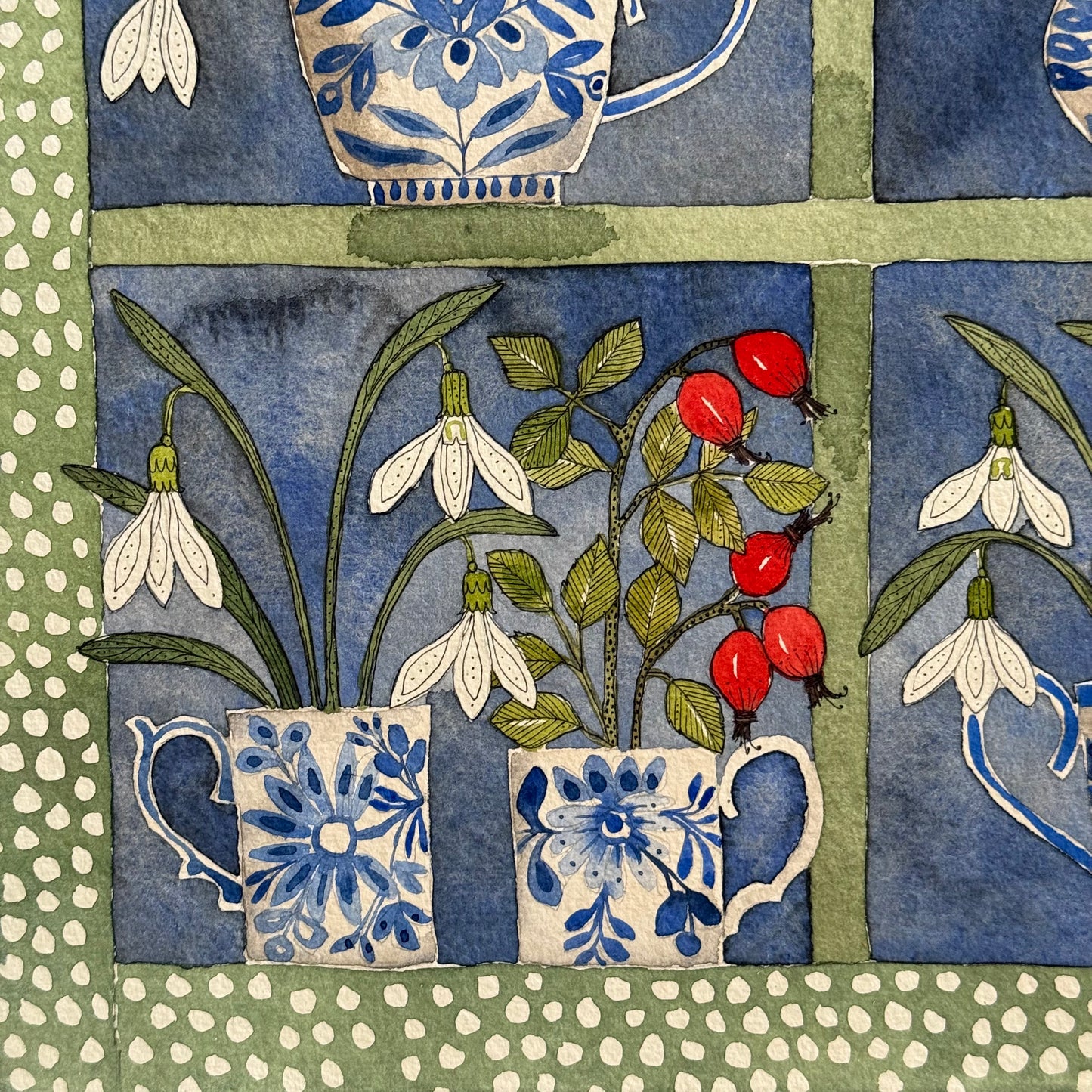 Original, Watercolour ‘Winter Window’ Snowdrops & Rosehips in Delftware