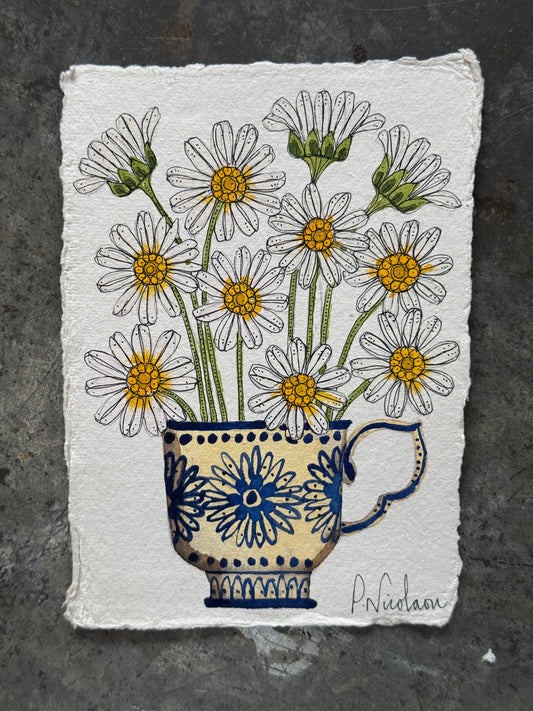A6, Original Watercolour Daises in a Teacups