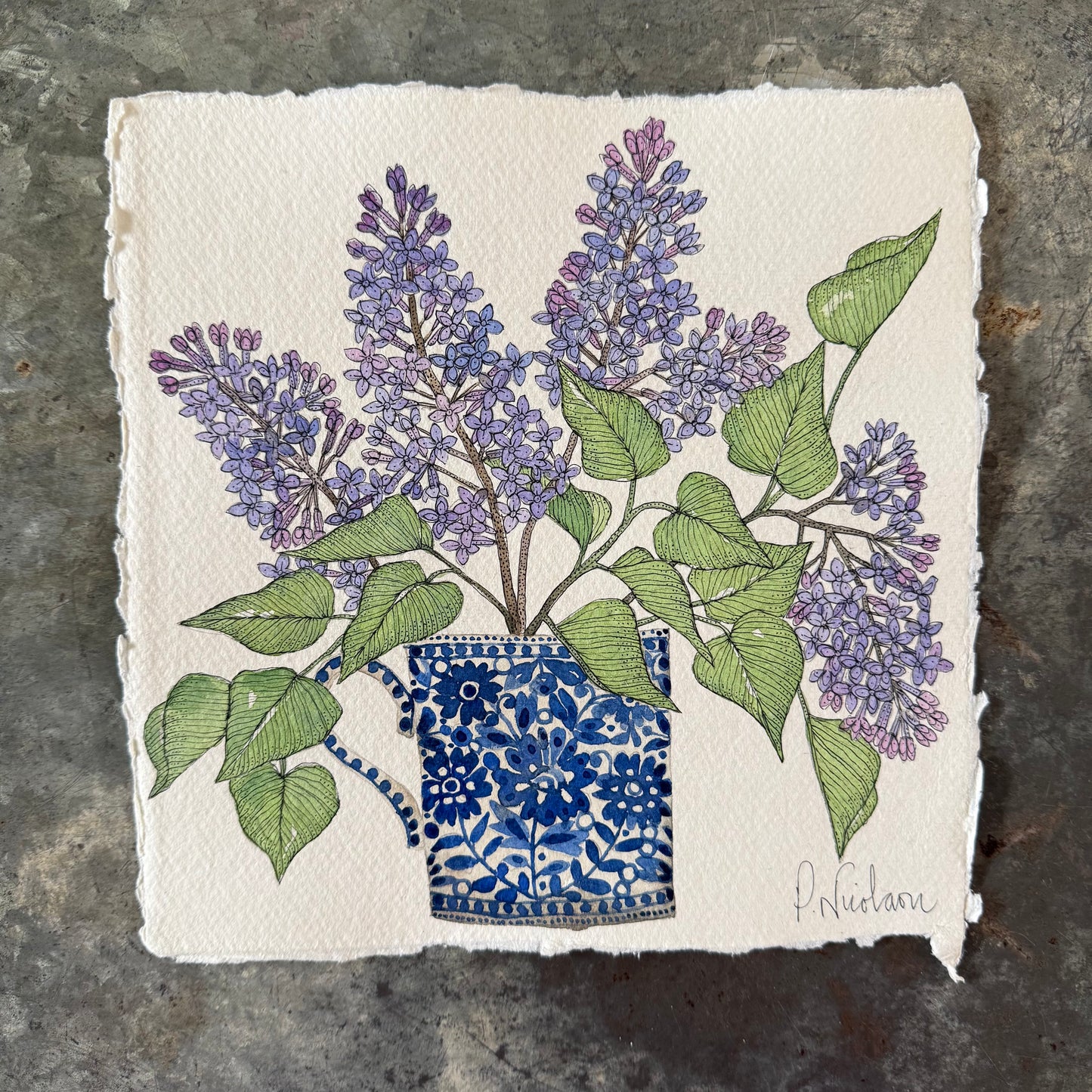 Original watercolour & ink painting of Lilac in a blue and white patterned ceramic mug.